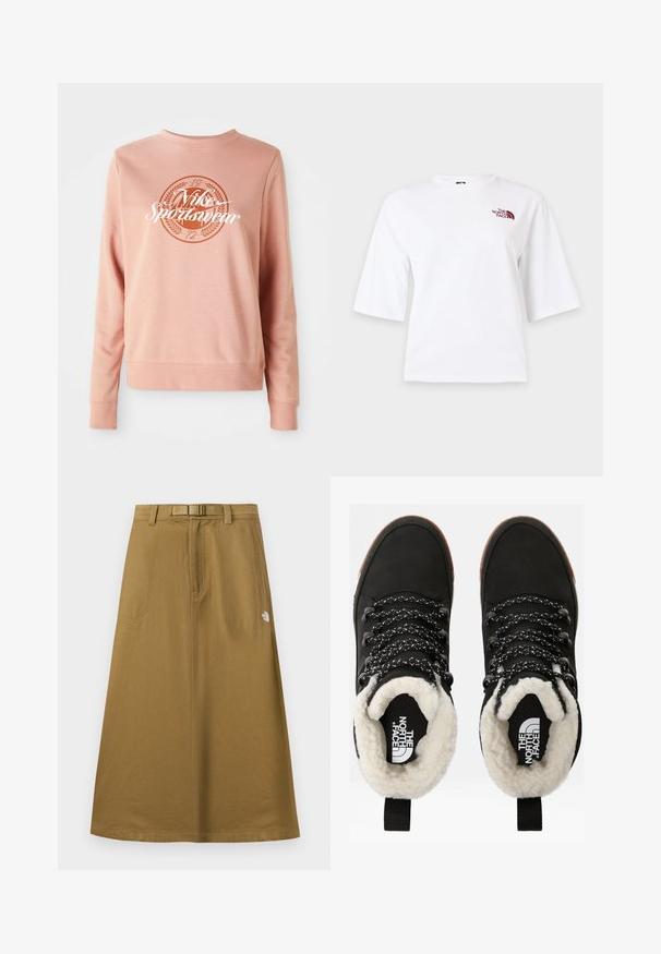 Sudadera de color rosa claro hecha de tela suave, con un logo redondo que dice "Nike Sportwear" y elementos decorativos en un rosa más oscuro.; Camiseta blanca de manga corta con cuello redondo y pequeño logo "The North Face" color burdeos en la parte superior izquierda del pecho.; Falda exterior larga y marrón claro con bolsillos frontales, cinturón integrado y logo de The North Face en el lado derecho.; Botas de tobillo negras impermeables con forro de piel sintética, tejido texturizado, cordones con un patrón blanco y negro, y una lengüeta en el talón.