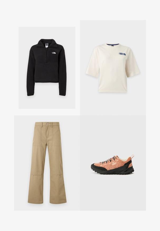 Pull en polaire noir avec une fermeture éclair quart, col haut et une poche poitrine arborant un logo blanc. Texture douce et design court.; T-shirt blanc à manches courtes avec un petit logo bleu The North Face sur la partie supérieure gauche de la poitrine.; Pantalon beige taille haute à jambes larges avec poches plaquées à l'avant, passants pour ceinture et fermeture à boutons. Tissu simple et durable avec coutures visibles.; Tige en tissu texturé orange avec semelle en caoutchouc noire et accents noirs. Dotée d'une fermeture à lacets et d'une languette à l'arrière. Conçue pour une utilisation en extérieur.