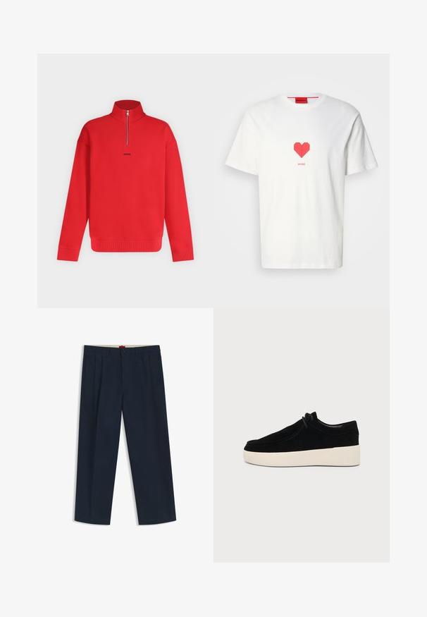 Pull rouge à manches longues avec col haut et demi-fermeture éclair, avec petit logo noir « HUGO » centré sous la fermeture éclair.; T-shirt en coton blanc avec un graphisme de cœur rouge au centre. Le nom de la marque "HUGO" est imprimé sous le cœur dans une police simple.; Pantalon large bleu marine foncé avec passants pour ceinture, fermeture à bouton et zip à l'avant, et poches latérales, présenté sur fond blanc.; Chaussure décontractée noire en daim à lacets avec semelle en caoutchouc blanche épaisse, vue de côté sur fond gris clair uni.