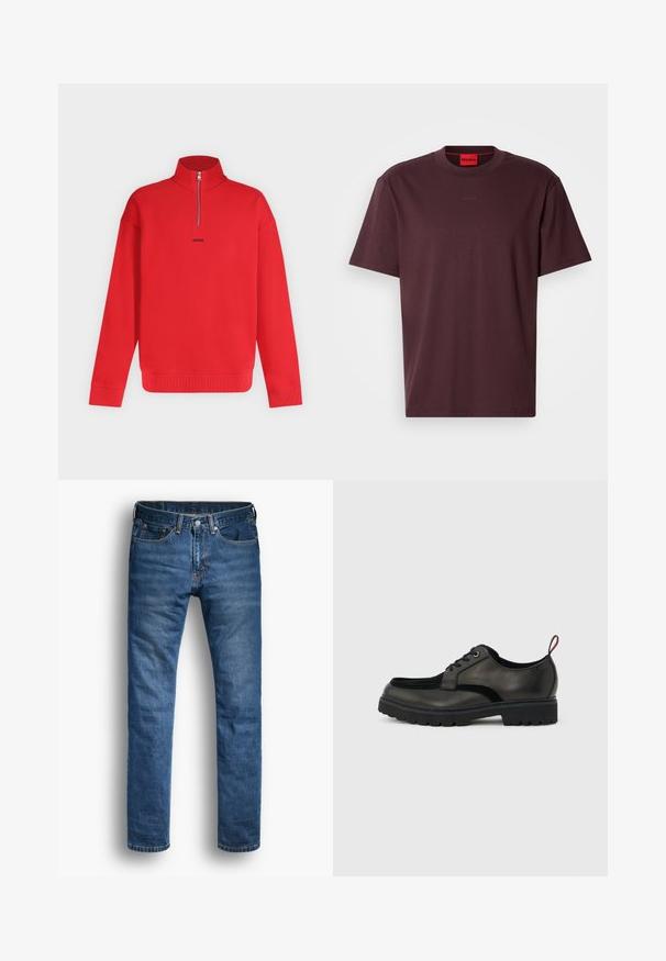 Pull rouge à manches longues avec col haut et demi-fermeture éclair, avec petit logo noir « HUGO » centré sous la fermeture éclair.; T-shirt en coton bordeaux avec un col rond. Présente un logo "HUGO" subtilement embossé sur le devant et des manches courtes. Design sobre, texture lisse.; Jean en denim bleu avec une coupe droite. Comprend cinq poches, une fermeture par bouton, et des coutures orange contrastées sur les coutures.; Chaussure noire en cuir à lacets avec semelle épaisse crantée et languette rouge à l'arrière, vue de profil sur un fond gris clair.