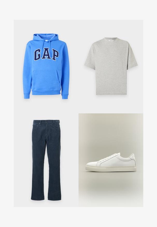 Sweat à capuche bleu avec poche avant et lettrage "GAP" bleu foncé bordé de blanc sur la poitrine.; T-shirt gris à manches courtes avec un col rond, en tissu de coton doux, présentant un design simple et une couleur unie. Aucun logo ou motif visible.; Pantalons en velours côtelé bleu marine avec une coupe droite, comportant des poches avant, une fermeture à bouton et une texture côtelée subtile.; Baskets blanches basses à lacets sur l’avant et semelle épaisse, vues de côté sur un fond neutre.
