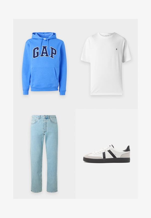 Sweat à capuche bleu avec poche avant et lettrage "GAP" bleu foncé bordé de blanc sur la poitrine.; T-shirt en coton blanc à col rond, manches courtes, avec un petit logo noir sur la poitrine. Texture douce, coupe décontractée.; Jean en denim bleu clair avec une coupe droite, comportant cinq poches, un zip et un léger délavage sur l'ensemble du tissu.; Baskets blanches avec des accents noirs et gris, présentant un embout texturé gris, une semelle en caoutchouc noir et des lacets plats blancs. Design épuré, style minimaliste.