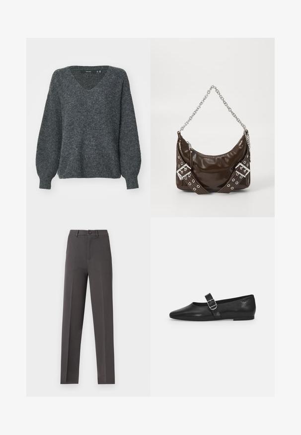 Pull en tricot gris avec un col en V, coupe décontractée et manches longues bouffantes. Présente une texture subtile et des poignets côtelés aux poignets.; Pantalon droit gris foncé sur mesure avec pli avant, fermeture à boutons et passants pour ceinture sur fond uni.; Chaussure plate en cuir noir avec un bout arrondi, une seule sangle réglable à boucle et une texture lisse et brillante. Design minimaliste avec un petit talon.; Sac à main en cuir verni marron foncé avec une bandoulière en chaîne argentée, des ceintures décoratives à double boucle et une fermeture éclair.