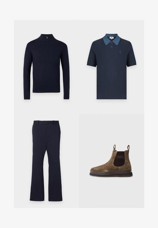 Pull-over bleu marine avec un col montant et une fermeture éclair d'un quart, en tissu tricoté lisse, doté de manches longues et d'un ourlet inférieur ajusté.; Polo bleu marine avec un col bleu contrastant, manches courtes, tissu texturé et un petit motif de cœur brodé sur la poitrine.; Pantalon bleu marine en tissu lisse avec un design à jambe droite, poches avant et fermeture par un bouton unique à la taille.; Bottine Chelsea en daim marron avec des panneaux latéraux élastiques, une languette et une semelle en caoutchouc épaisse et texturée avec des rainures discrètes pour une meilleure adhérence.