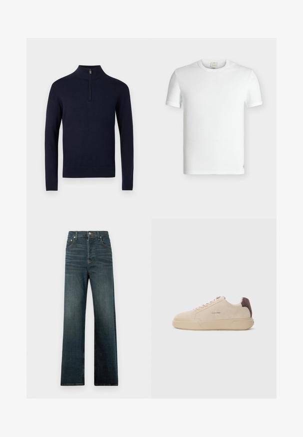 Pull-over bleu marine avec un col montant et une fermeture éclair d'un quart, en tissu tricoté lisse, doté de manches longues et d'un ourlet inférieur ajusté.; T-shirt blanc uni à manches courtes en coton côtelé, col rond et petite étiquette cousue près de l'ourlet inférieur.; Jeans en denim dans un lavage bleu foncé, avec des jambes droites, un design classique à cinq poches et un léger décoloration près des hanches.; Baskets en daim beige avec un bout rond, lacets à l'avant et un accent en daim marron sur le talon. Dotées d'une semelle en caoutchouc texturé.
