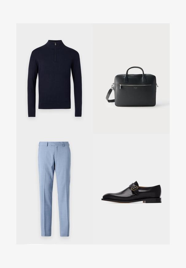 Pull-over bleu marine avec un col montant et une fermeture éclair d'un quart, en tissu tricoté lisse, doté de manches longues et d'un ourlet inférieur ajusté.; Pantalon habillé bleu clair ajusté avec devant plat, poches latérales, passants pour ceinture et coupe droite sur un fond uni.; Chaussure habillée pour homme en cuir noir avec une boucle dorée sur le côté et un petit talon empilé, vue de côté extérieur sur fond blanc.; Mallette rectangulaire en cuir noir avec doubles poignées, poche zippée avant et bandoulière amovible sur un fond clair uni.