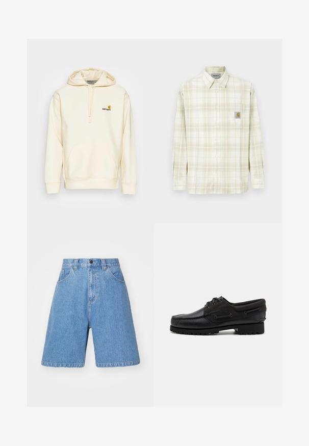Sweat à capuche en mélange de coton écru. Il présente une poche sur le devant, une capuche avec cordon de serrage et un logo brodé en brun et jaune sur la poitrine.; Chemise à carreaux de couleur claire avec des manches longues, un devant à boutons et une poche poitrine avec un patch logo. Matière en coton au toucher doux.; Shorts en denim bleu clair avec une coupe décontractée, taille haute, design à cinq poches et décoloration subtile. Comprend une fermeture à bouton et des passants de ceinture.; Chaussure noire avec un dessus en cuir, des accents textiles, des lacets ronds et une semelle en caoutchouc texturé. Présente des coutures mocassins et des détails de marque.