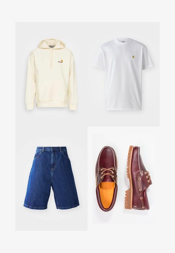 Sweat à capuche en mélange de coton écru. Il présente une poche sur le devant, une capuche avec cordon de serrage et un logo brodé en brun et jaune sur la poitrine.; T-shirt en coton blanc à manches courtes, col rond, avec un petit logo doré sur la poitrine gauche. Texture douce et coupe régulière.; Shorts en denim avec un lavage bleu, dotés d'une taille haute, de deux poches avant et de coutures jaunes le long des bords.; Chaussures en cuir bourgogne avec semelles en caoutchouc marron, bout rond, couture blanche et œillets dorés. L'intérieur présente une doublure jaune.