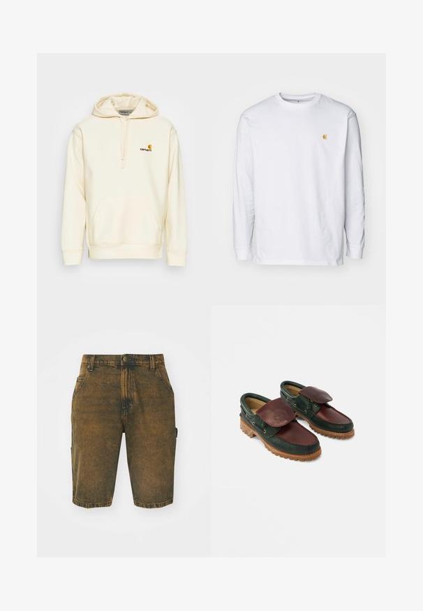 Sweat à capuche en mélange de coton écru. Il présente une poche sur le devant, une capuche avec cordon de serrage et un logo brodé en brun et jaune sur la poitrine.; T-shirt à manches longues blanc en coton. Présente un petit logo doré sur la poitrine et un col rond. Design simple et coupe standard.; Shorts en denim d'une couleur marron délavée avec une texture légèrement usée. Comprend des passants de ceinture, des poches avant et une poche cargo latérale.; Chaussures en cuir avec un corps vert foncé, un dessus bordeaux, un bout rond, un rabat sécurisé et une semelle en caoutchouc texturée avec des rainures.