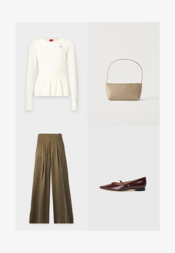 Pull blanc en tricot à manches longues, col rond, ourlet à basque et une petite broche florale bleue sur la poitrine.; Pantalon large taille haute en vert olive avec plis à l'avant, conçu pour une coupe décontractée et une texture lisse.; Chaussure plate en cuir verni bordeaux avec un bout pointu et une sangle décorative sur le cou-de-pied. Présente un petit talon noir.; Sac à main tissé beige avec fine bandoulière et petit logo doré "BOSS" à l'avant, présenté sur fond blanc uni.