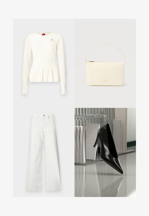 Pull blanc en tricot à manches longues, col rond, ourlet à basque et une petite broche florale bleue sur la poitrine.; Jean blanc taille haute à jambes larges, fermeture à boutons devant, passants de ceinture et poches avant sur fond uni.; Chaussure noire à talon haut avec bout pointu et logo doré, posée sur une surface réfléchissante près d'un organiseur de dossiers en fil chromé contenant des documents.; Sac à main rectangulaire de couleur crème avec une seule sangle et une fermeture éclair sur le dessus, comportant une petite plaque de logo embossé à l'avant.