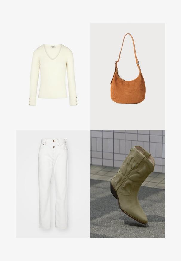 Suéter blanco acanalado de cuello en V con mangas largas y acentos de botones dorados en los puños. Textura suave y diseño ajustado.; Jeans de mezclilla blanca con un diseño de pernera recta; cuentan con cierre de botón y cremallera, costuras en tono beige y bolsillos frontales.; Bota vaquera de ante color tostado con costuras decorativas y tacón de madera, colocada en ángulo sobre una superficie pavimentada cerca de una pared con azulejos.; Bolso de hombro de ante marrón claro con un diseño curvado, correa ajustable, cremallera metálica y detalle de logo en relieve en la parte frontal.