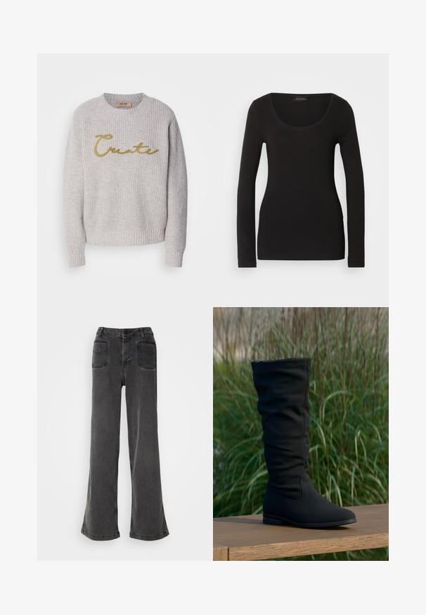 Pull en maille côtelée grise avec un col rond et des manches longues. Présente le mot "Create" en lettres dorées sur le devant.; Haut noir à manches longues avec un décolleté en U, fabriqué en tissu doux et extensible. Présente une forme ajustée et une texture lisse. Étiquette de marque visible.; Jean noir taille haute à jambes larges en denim, avec une fermeture à bouton, des passants de ceinture et deux poches arrière avec des accents cousus.; Botte noire montante jusqu'au genou en tissu doux, présentant un design décontracté, un bout pointu et une semelle plate, sur un fond herbeux.