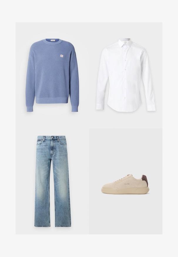 Pull en tricot bleu clair avec une texture côtelée, encolure ronde et coupe légèrement oversize. Présente un petit logo brodé sur la poitrine.; Chemise blanche à manches longues avec boutons et col classique, présentée sur un fond clair uni.; Jean droit en denim bleu clair avec taille haute, cinq poches, fermeture à boutons et léger délavage sur les cuisses et les genoux.; Baskets en daim beige avec un bout rond, lacets à l'avant et un accent en daim marron sur le talon. Dotées d'une semelle en caoutchouc texturé.