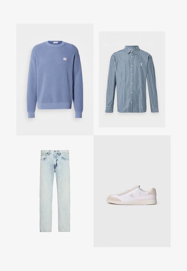 Suéter de punto azul claro con textura de canalé, cuello redondo y corte ligeramente oversize. Presenta un pequeño parche con el logo en el pecho.; Camisa azul de manga larga con botones, con rayas blancas verticales y un pequeño logo blanco "CK" en el pecho izquierdo.; Vaqueros de tiro alto en azul claro con corte recto, sutiles deslavados y cierre delantero con botón y cremallera.; Zapatilla baja blanca y beige con cordones en la parte delantera, detalles de ante y logotipo "cK" en el lateral, mostrada de perfil sobre un fondo llano.