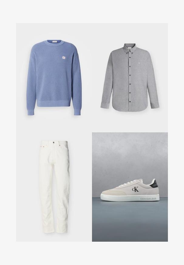 Lyseblå strikket sweater med en ribbet tekstur, rund hals og en let oversized pasform. Har et lille logo patch på brystet.; Lysegrå skjorte med lange ærmer, knapper foran og knaplukket krave samt det lille "cK" logo broderet på venstre bryst.; Hvide denimjeans til mænd med lige ben, forreste knap og lynlås, bæltestropper og fem-lomme design.; Lavtop beige sneakers med hvid sål, sort hælflap, "cK" logo på siden og "Calvin Klein Jeans" præget på mellemsålen.