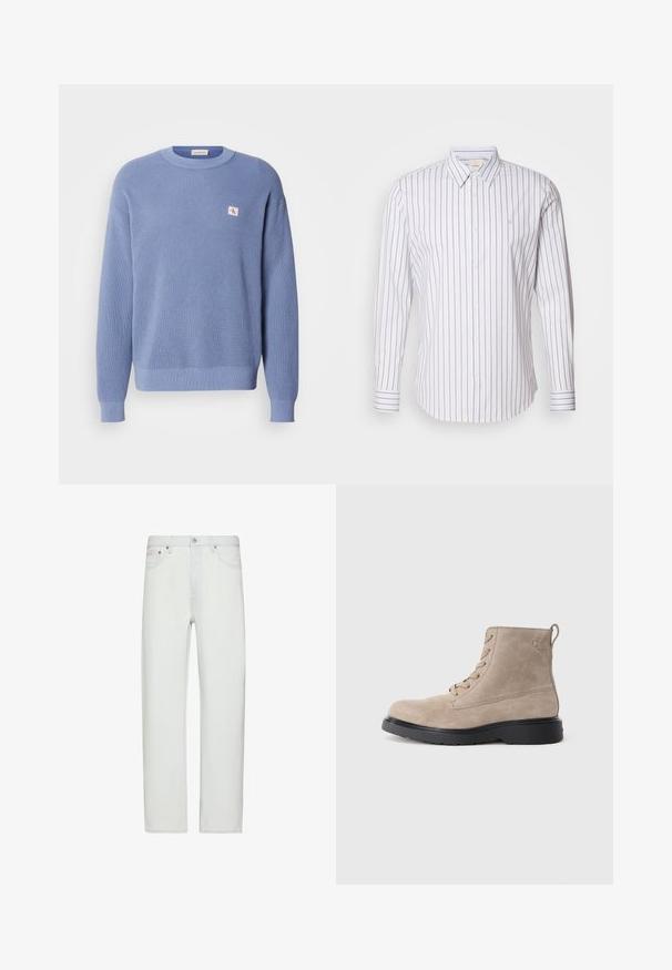 Pull en tricot bleu clair avec une texture côtelée, encolure ronde et coupe légèrement oversize. Présente un petit logo brodé sur la poitrine.; Calvin Klein SLIM FIT - Chemise - gray marble; Jeans blancs taille haute à jambes droites avec fermeture à boutons et fermeture éclair devant, passants de ceinture et poches avant.; Bottines en daim beige avec semelle en caoutchouc noir, design à lacets, et un petit logo embossé sur le côté, avec une languette à l'arrière.