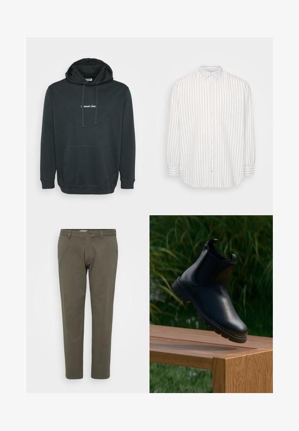 Hoodie noir en tissu doux, avec une poche kangourou à l'avant, des cordons ajustables et un petit logo blanc sur la poitrine.; Chemise boutonnée à rayures blanches et beiges claires, manches longues, poche sur la poitrine gauche, col classique, tissu léger.; Pantalon vert olive en tissu mélangé coton. Design à jambe droite avec une taille plate, fermeture à bouton et passants de ceinture. Texture lisse.; Bottine Chelsea en cuir noir avec un bout arrondi, des panneaux latéraux élastiques, des languettes de tirage et une semelle en caoutchouc texturé, posée sur une surface en bois.