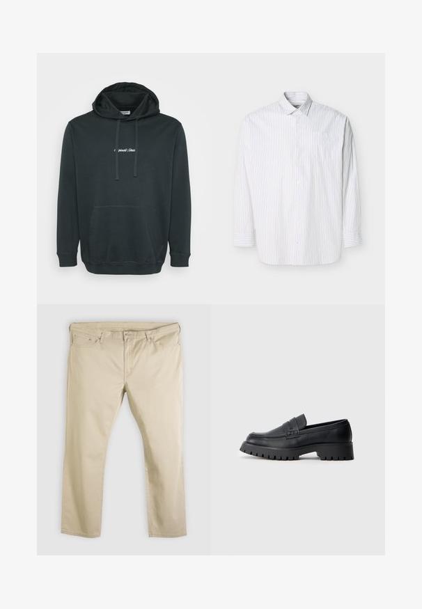 Hoodie noir en tissu doux, avec une poche kangourou à l'avant, des cordons ajustables et un petit logo blanc sur la poitrine.; Chemise blanche à manches longues avec boutons, rayures verticales fines beiges et poche poitrine, présentée à plat sur un fond clair.; Pantalon beige à jambes droites avec fermeture avant à bouton et fermeture éclair, passants pour ceinture et cinq poches, posé à plat sur un fond blanc.; Mocassins en cuir noir avec un bout arrondi, présentant une sangle décorative et une semelle en caoutchouc épaisse avec de profonds crampons pour une meilleure adhérence.
