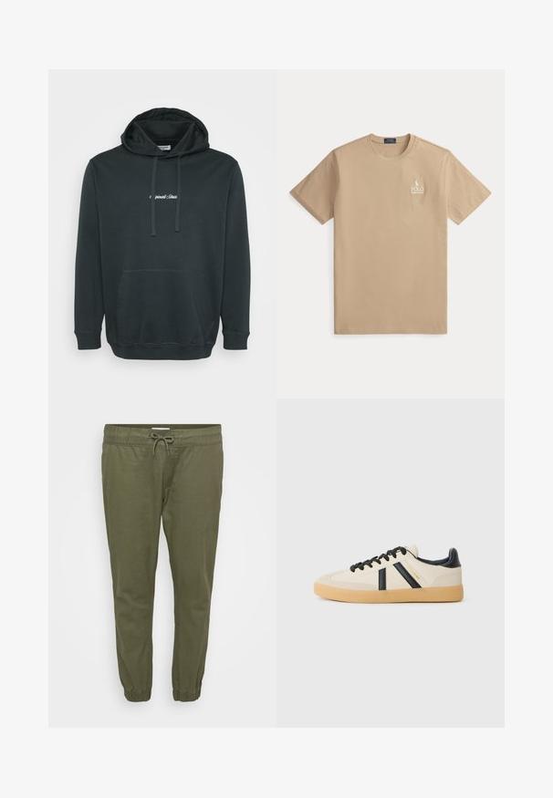 Sort hættejakke lavet af blødt stof, der har en frontlomme i kangaroo-stil, justerbare snore og et lille hvidt logo på brystet.; Beige Polo Ralph Lauren t-shirt med korte ærmer, rund hals og lille hvidt logo på venstre bryst.; Olivenfarvede, letvægts tapered bukser med elastisk talje, justerbar snøre og elastiske manchetter ved anklerne. Glat tekstur.; Casual sneakers i creme med sorte striber, med en tekstureret overdel og sål i gummigummi. Snørebåndene er sorte. Diskret logo på siden.