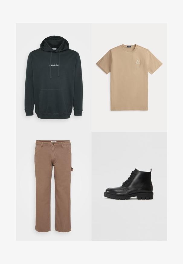 Sort hættejakke lavet af blødt stof, der har en frontlomme i kangaroo-stil, justerbare snore og et lille hvidt logo på brystet.; Beige Polo Ralph Lauren t-shirt med korte ærmer, rund hals og lille hvidt logo på venstre bryst.; Brune bomulds twill bukser med et lige ben-design. Har forlommer og en sidelommer til utility. Glat tekstur, afslappet stil.; Sorte læder ankelstøvler med rund tå, snørebånd fortil og tekstureret gummisål. Inkluderer en løkke ved hælen for nem påføring.