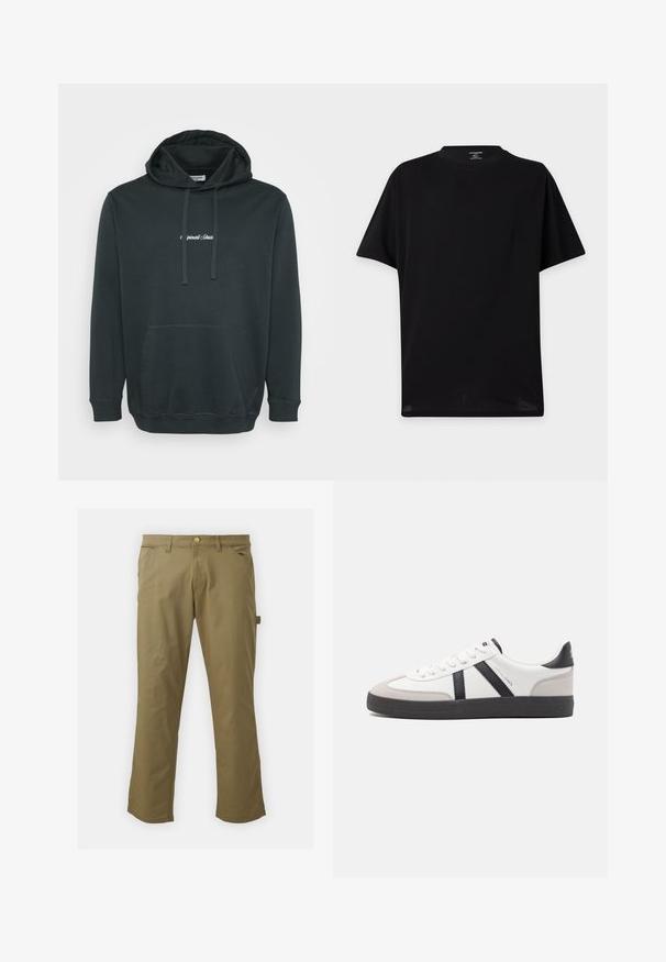 Sort hættejakke lavet af blødt stof, der har en frontlomme i kangaroo-stil, justerbare snore og et lille hvidt logo på brystet.; Ensfarvet sort T-shirt med korte ærmer og rund hals uden synlige logoer eller designs vist mod en lys baggrund.; Kaki bukser lavet af glat stof, med knaplukning, bæltestropper, to forlommer og en sidelomme, i lige ben design.; Hvide sneakers med sorte og grå detaljer, med en tekstureret grå tåhætte, sort gummisål og flade hvide snørebånd. Rent design, minimalistisk stil.