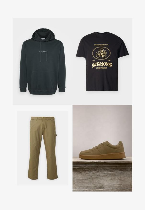 Sort hættejakke lavet af blødt stof, der har en frontlomme i kangaroo-stil, justerbare snore og et lille hvidt logo på brystet.; Sort kortærmet t-shirt med gul blomsterprint og teksten "FROM HOLMEN DISTRICT CPH," "EST. 1990," "JACK & JONES," og "WORLDWIDE" på forsiden.; Kaki bukser lavet af glat stof, med knaplukning, bæltestropper, to forlommer og en sidelomme, i lige ben design.; Olivengrøn sneaker med snørebånd, der svæver over en træbænk, med sløret grønt løv i baggrunden.