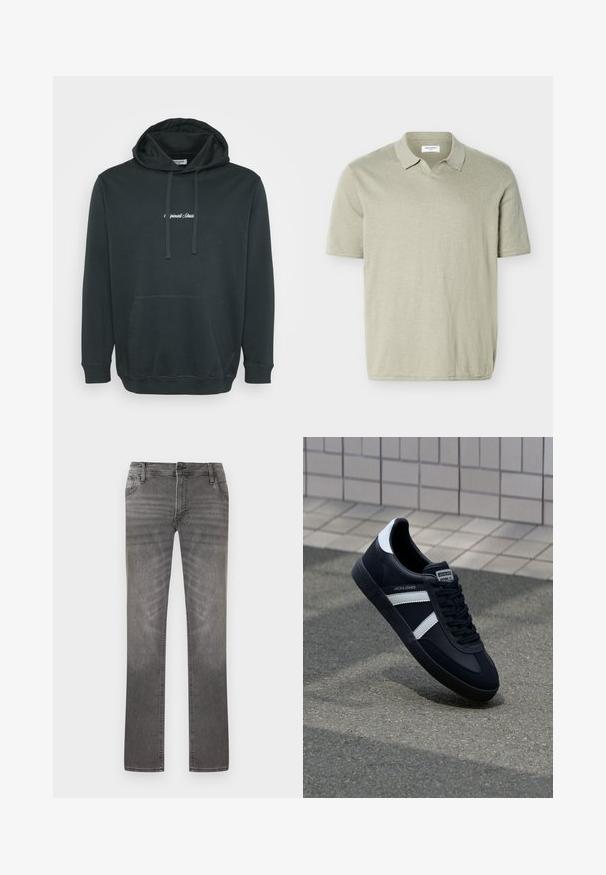 Sort hættejakke lavet af blødt stof, der har en frontlomme i kangaroo-stil, justerbare snore og et lille hvidt logo på brystet.; Lysebeige kortærmet poloshirt med en blød krave uden knapper, lavet af letvægtsstof.; Grå straight-leg cowboybukser med klassisk fem-lomme-design og knaplukning, let falmede på lår- og knæområderne.; Sort lædersneaker med hvide striber, tekstureret gummisål og snørrebånd foran. Har et brandet mærke på tungen.