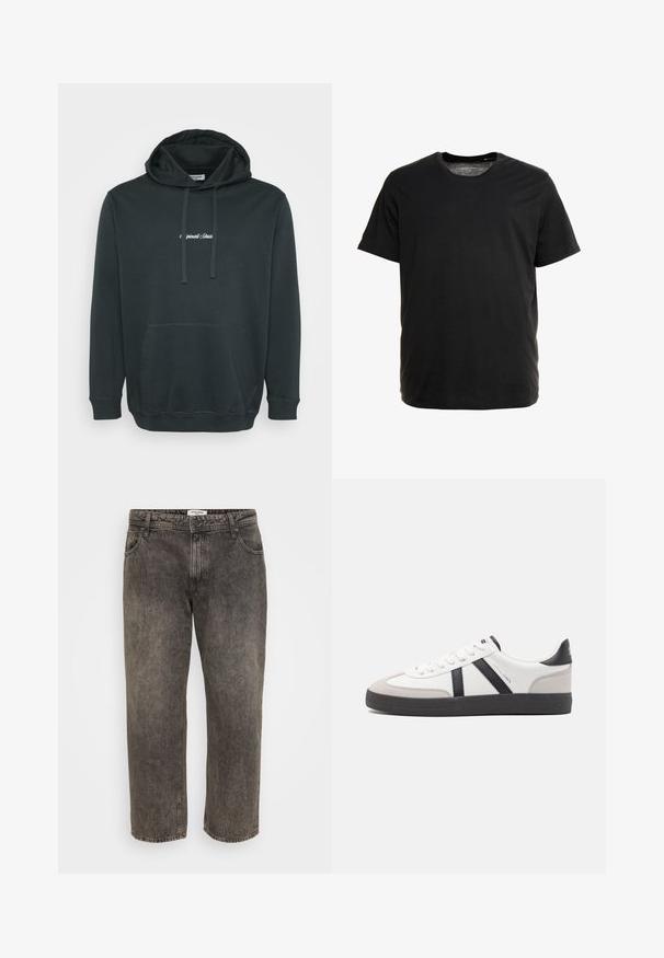Sort hættejakke lavet af blødt stof, der har en frontlomme i kangaroo-stil, justerbare snore og et lille hvidt logo på brystet.; Sort kortærmet t-shirt lavet af blødt stof, med rund hals og lige snit, uden synlige mønstre eller grafik.; Sorte falmede jeans med lige ben, foran knap- og lynlås-lukning, forlommer og bæltestropper.; Hvide sneakers med sorte og grå detaljer, med en tekstureret grå tåhætte, sort gummisål og flade hvide snørebånd. Rent design, minimalistisk stil.