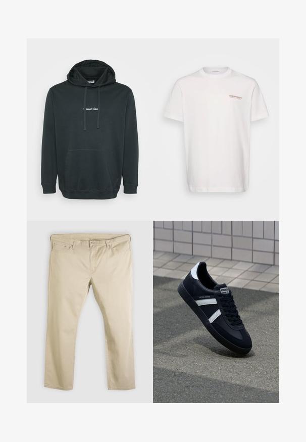 Schwarzer Hoodie aus weichem Stoff, ausgestattet mit einer frontalen Kängurutasche, verstellbaren Kordeln und einem kleinen weißen Logo auf der Brust.; Weißes Baumwoll-T-Shirt mit Rundhalsausschnitt. Verfügt über ein kleines braunes Logo auf der linken Brust. Kurze Ärmel und eine lockere Passform.; Beige gerade geschnittene Hose mit vorderer Knopf- und Reißverschluss, Gürtelschlaufen und fünf Taschen, flach auf einem weißen Hintergrund ausgelegt.; Schwarze Leder-Sneaker mit weißen Streifen, strukturiertem Gummisohle und Schnürung. Verfügt über ein Markenetikett auf der Zunge.