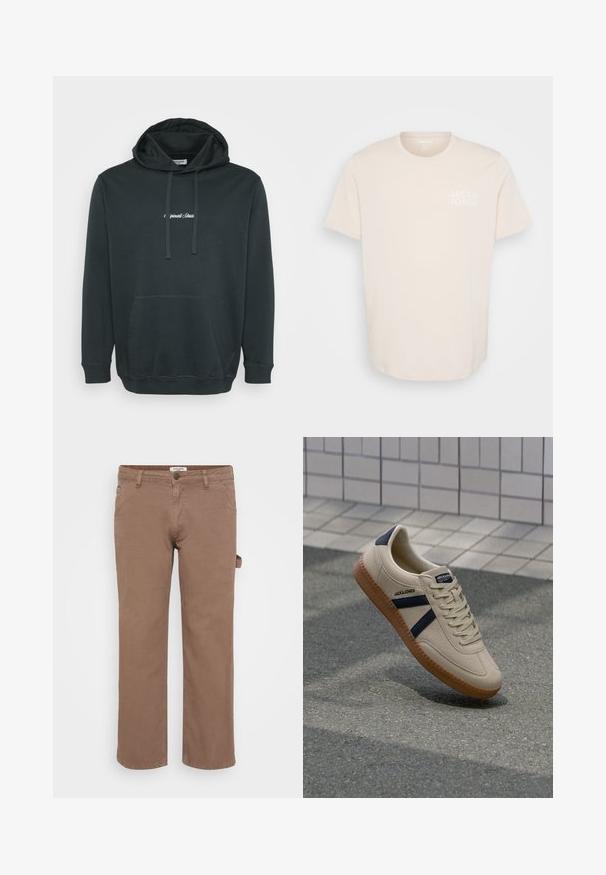Zwarte hoodie van zacht stof, met een voorzak in kangoeroestijl, verstelbare trekkoorden en een klein wit logo op de borst.; Lichtbeige katoen T-shirt met een ronde hals, korte mouwen en een klein wit logo op de linker borst. Gladde textuur.; Bruine katoenen twill broek met een recht pijpdesign. Voorzien van zakken aan de voorkant en een zijvak voor nuttige opslag. Soepele textuur, casual stijl.; Beige sneaker met een textuurafwerking, marineblauwe strepen en een rubberen zool. Heeft een gevoerde tong en een traditioneel vetersysteem voor een veilige pasvorm.