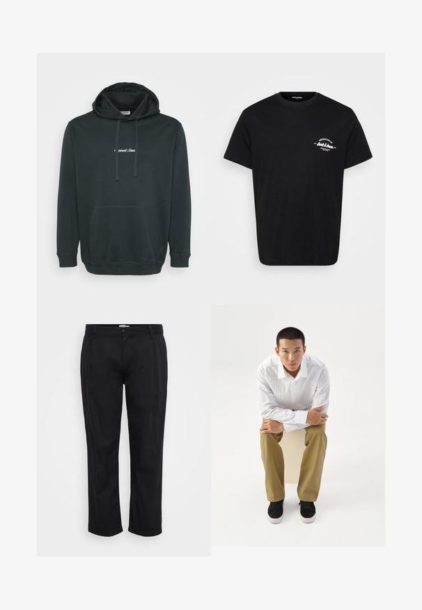 Sort hættejakke lavet af blødt stof, der har en frontlomme i kangaroo-stil, justerbare snore og et lille hvidt logo på brystet.; Sort bomulds-T-shirt med rund hals, korte ærmer og et hvidt trykt logo på venstre bryst. Klassisk pasform og glat tekstur.; Jack & Jones Wide-leg Plus Size Wide Leg Fit - Bukser - black; Ung mand i hvidt stribet skjorte og khakibukser sidder fremadlænet på en skammel med armene krydset, og ser direkte frem på en hvid baggrund.