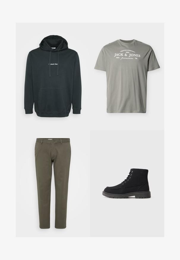 Sort hættejakke lavet af blødt stof, der har en frontlomme i kangaroo-stil, justerbare snore og et lille hvidt logo på brystet.; Lysegrå T-shirt med korte ærmer og hvid tekst "Creative Community 1990 Jack & Jones Reg. premium TM" på brystet.; Olivenfarvede bukser lavet af en bomuldsblanding. Lige ben design med flad front, knaplukning og bæltestropper. Glat tekstur.; Sorte ankelstøvler lavet af ruskind og syntetisk materiale. Rundet tå, seks snørehuller med metal-snøre, tyk gummisål og minimal tekstdetalje.