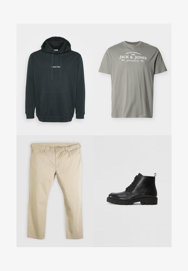 Sort hættejakke lavet af blødt stof, der har en frontlomme i kangaroo-stil, justerbare snore og et lille hvidt logo på brystet.; Lysegrå T-shirt med korte ærmer og hvid tekst "Creative Community 1990 Jack & Jones Reg. premium TM" på brystet.; Beige bukser med lige ben, frontknap og lynlås, bæltestropper og fem lommer, lagt fladt på en hvid baggrund.; Sorte læder ankelstøvler med rund tå, snørebånd fortil og tekstureret gummisål. Inkluderer en løkke ved hælen for nem påføring.