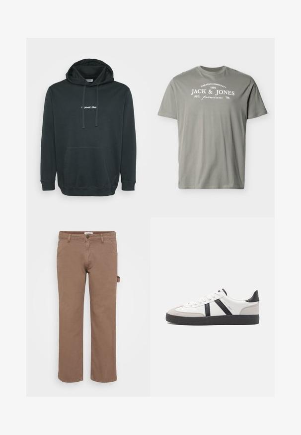 Sort hættejakke lavet af blødt stof, der har en frontlomme i kangaroo-stil, justerbare snore og et lille hvidt logo på brystet.; Lysegrå T-shirt med korte ærmer og hvid tekst "Creative Community 1990 Jack & Jones Reg. premium TM" på brystet.; Brune bomulds twill bukser med et lige ben-design. Har forlommer og en sidelommer til utility. Glat tekstur, afslappet stil.; Hvide sneakers med sorte og grå detaljer, med en tekstureret grå tåhætte, sort gummisål og flade hvide snørebånd. Rent design, minimalistisk stil.