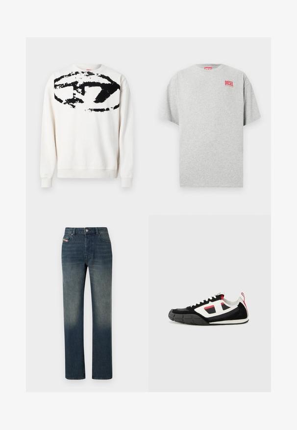 Sweatshirt blanc en tissu doux avec un grand motif noir abstrait sur le devant, col rond et poignets côtelés.; T-shirt en coton gris avec un col rond et des manches courtes. Présente un petit logo rouge « DIESEL » sur la poitrine. Texture lisse.; Jean en denim bleu à jambe droite avec lavage délavé, fermeture avant par bouton et fermeture éclair, et design à cinq poches.; Diesel S PAGODHA LOW - Baskets basses - black