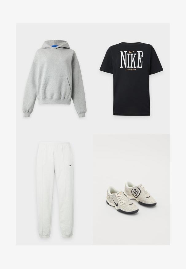 Sweat à capuche gris clair à manches longues avec une poche kangourou à l'avant, des poignets et un ourlet côtelés, et un petit logo Nike blanc centré près de l'encolure.; T-shirt noir à manches courtes Nike avec un grand texte blanc "NIKE", un petit swoosh doré Nike au-dessus et le texte "SPORTS CLUB" sous le logo.; Pantalon de survêtement Nike gris clair avec une taille élastique, des poignets resserrés et un petit logo noir sur la cuisse gauche. Tissu doux et texturé.; Baskets Nike avec une tige texturée beige et grise, des accents noirs, un grand logo "90" et un laçage blanc. Semelle noire.