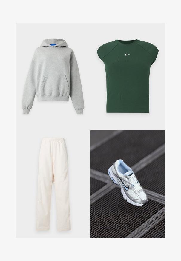 Sweat à capuche gris clair à manches longues avec une poche kangourou à l'avant, des poignets et un ourlet côtelés, et un petit logo Nike blanc centré près de l'encolure.; Haut de sport à manches courtes côtelé vert foncé avec un col rond, présentant un petit logo Nike en swoosh blanc sur la poitrine.; Pantalon couleur crème à taille élastique et coupe droite, de coupe ample, présenté sur un fond blanc uni.; Chaussure de sport en mesh blanche avec des accents argentés, des coutures bleu clair et un logo swoosh noir. Elle possède un col rembourré et une semelle texturée.