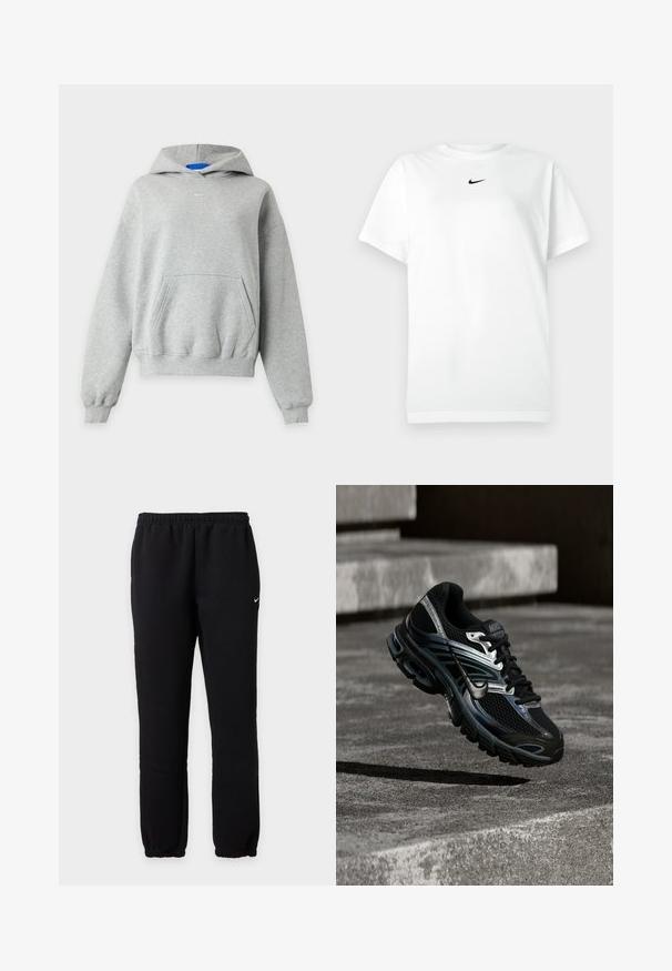 Sweat à capuche gris clair à manches longues avec une poche kangourou à l'avant, des poignets et un ourlet côtelés, et un petit logo Nike blanc centré près de l'encolure.; T-shirt blanc à manches courtes avec col ras du cou, portant un petit logo Nike en forme de swoosh noir centré sous le col.; Pantalon de survêtement noir Nike avec ceinture et poignets élastiques, avec un petit logo blanc Nike swoosh sur la cuisse gauche.; Chaussure de running Nike noire et argent flottant au-dessus de marches en béton, montrant un design détaillé et une semelle texturée en extérieur.