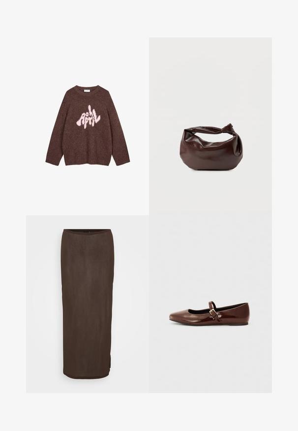 Sudadera marrón de felpa con mangas largas y cuello redondo, que presenta un texto gráfico en rosa "APRIL" en una tipografía lúdica e irregular en el pecho.; Falda marrón, de largo hasta la rodilla, ajustada al cuerpo, con una textura suave y un ligero brillo. Cuenta con un dobladillo redondeado y una sutil abertura lateral para facilitar el movimiento.; Bailarina de charol marrón con punta cuadrada y tira que presenta una pequeña hebilla dorada. Textura suave, tacón bajo y diseño minimalista.; Bolso de hombro de cuero marrón oscuro con una forma suave y caída, y un asa con nudo torcido sobre un fondo blanco liso.