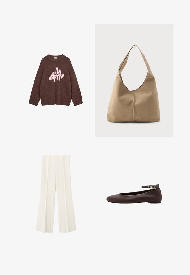 Sudadera marrón de felpa con mangas largas y cuello redondo, que presenta un texto gráfico en rosa "APRIL" en una tipografía lúdica e irregular en el pecho.; Pantalones de pierna ancha color crema con cintura alta y pliegues delanteros, mostrados sobre un fondo blanco liso.; Zapato plano de color marrón oscuro con puntera redondeada y correa ajustable en el tobillo con hebilla plateada sobre fondo blanco.; Bolso tipo hobo en suave ante beige con forma caída, amplia correa para el hombro y un detalle de costura a mano en la parte delantera.