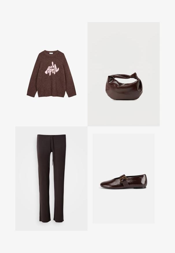 Sweatshirt brun en peluche avec des manches longues et un col rond, présentant un texte graphique rose "AVRIL" dans une police ludique et irrégulière sur la poitrine.; Pantalon noir léger à coupe droite, taille à cordon de serrage et texture lisse ; conçu pour le confort et la liberté de mouvement.; Chaussure plate en cuir verni marron foncé avec une large bride à boucle dorée et un bout arrondi, présentée de profil sur fond blanc.; Sac bandoulière en cuir marron foncé avec une forme souple et décontractée et une anse nouée torsadée sur un fond blanc uni.
