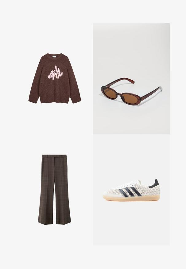 Sweatshirt brun en peluche avec des manches longues et un col rond, présentant un texte graphique rose "AVRIL" dans une police ludique et irrégulière sur la poitrine.; Pantalons larges marron avec un léger motif à carreaux, passants de ceinture et pli à l'avant, présentés sur un fond blanc.; Baskets en maille blanche avec un design à trois bandes noires, bout arrondi et semelle en caoutchouc gomme. Dotées d'un col de talon souple et d'une fermeture à lacets.; Lunettes de soleil rondes teinte brun avec une monture bordeaux brillante. Branches fines avec un détail de marque subtil. Design de verres plats.