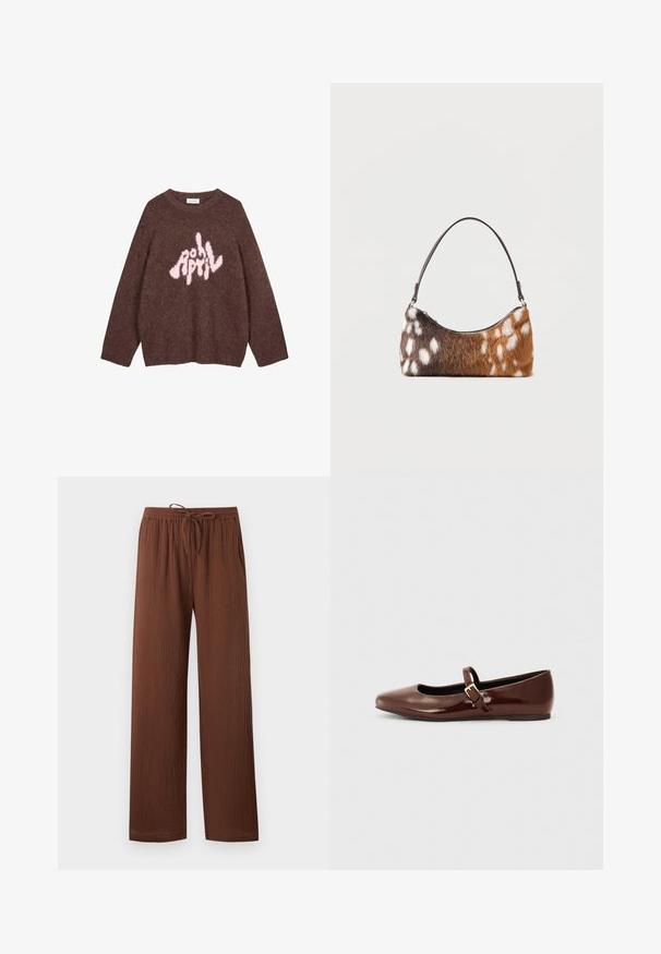 Brun fuzzy sweatshirt med lange ærmer og rund hals, der har teksten "APRIL" i pink i et legesygt, uregelmæssigt skrifttype over brystet.; Brune teksturerede løstsiddende bukser med elastisk talje og justerbar snøre, med lige ben og sidelommer.; Brun patentlæder balletflade med firkantet tå og strop med en lille guldbuckle. Glat tekstur, lav hæl og minimalistisk design.; Skuldertaske med brun og hvid pletmønstret imiteret pels og en tynd sort rem, vist på en hvid baggrund.