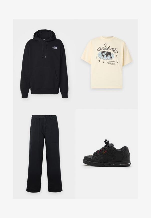 Sort hættetrøje lavet af blødt stof, med en lomme foran, snor i hætten og et lille hvidt logo på den øverste venstre bryst.; Flødefarvet Adidas T-shirt med håndtegnet globus, stjerner og teksten "Three Stripes. One World." på forsiden.; Sorte bukser med vide ben, forlommelommer, bæltestropper og knaplukning, vist mod en ensfarvet baggrund.; Sort atletisk sko med en glat læderoverdel, røde detaljer, runde snørebånd og lav profil. Har perforeringer for åndbarhed.
