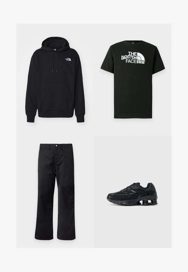 Sudadera negra hecha de tela suave, con un bolsillo frontal, capucha con cordón y un pequeño logo blanco en la parte superior izquierda del pecho.; Camiseta negra de algodón con un diseño de logo impreso en blanco y gris, mangas cortas y cuello redondo.; Pantalones negros con diseño de pierna recta, confeccionados con tela suave. Cuentan con bolsillos laterales y cierre de botón en la pretina.; Zapatilla deportiva negra con parte superior de malla, cuello acolchado y tecnología de amortiguación prominente en el talón. Presenta detalles texturizados y cordones.