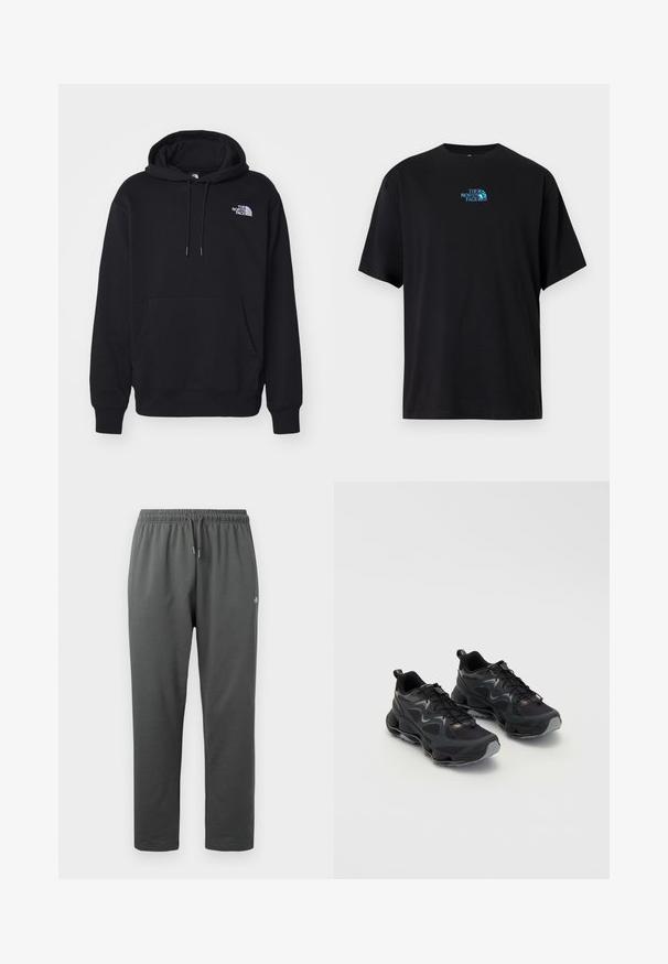 Sudadera negra hecha de tela suave, con un bolsillo frontal, capucha con cordón y un pequeño logo blanco en la parte superior izquierda del pecho.; Camiseta de algodón negra con cuello redondo y mangas cortas, con un logo turquesa de "The North Face" en el pecho.; Pantalones deportivos de forro polar de color gris oscuro con cintura elástica y cordón, con un pequeño logo en el muslo derecho.; Zapatillas deportivas negras con una parte superior de malla texturizada, que cuentan con una suela gruesa, cierre con cordones y sutiles acentos en gris.