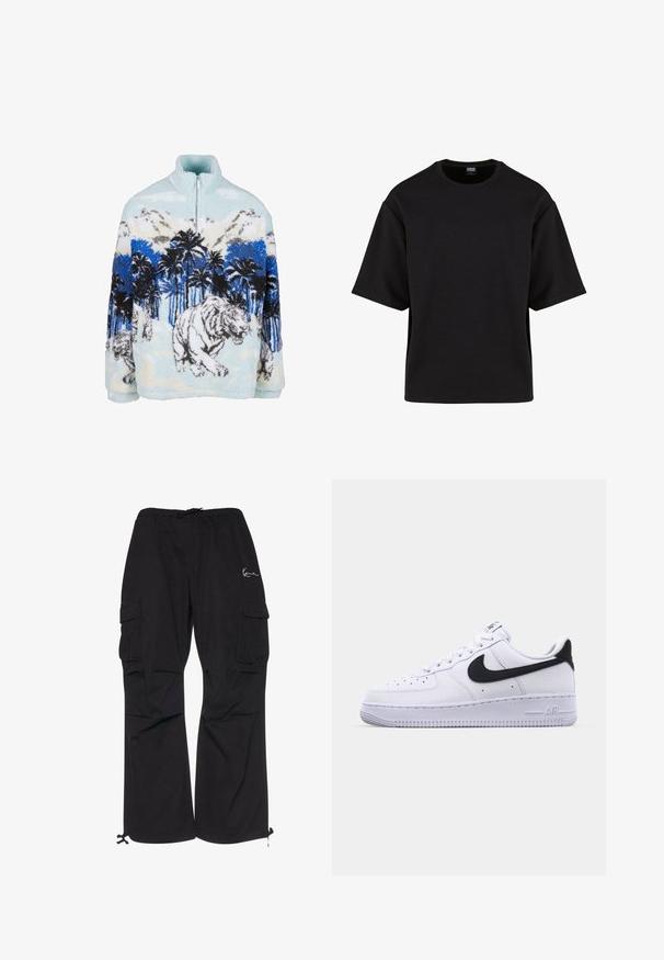 Fleece pullover med høj krave, der har et blåt og hvidt tigermotiv blandt palmer og bjerge. Blød, fyldig tekstur.; Urban Classics SCUBA TEE - T-shirts basic - black; Sorte cargobukser lavet af letvægtsstof, med elastisk talje med snøre, sidelommer og justerbare manchetter.; Hvide lædersneakers med en struktureret sort Swoosh, flade snørebånd og en gummisål med et rillemønster. "AIR" er præget på hælen.