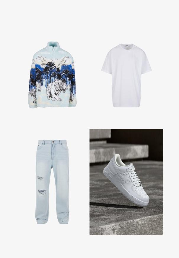 Sudadera de forro polar con cuello alto, que presenta un diseño de tigre azul y blanco entre palmeras y montañas. Textura suave y esponjosa.; Camiseta blanca lisa de algodón, de manga corta, con cuello redondo y etiqueta visible de talla y marca dentro del cuello.; Vaqueros de mezclilla de color azul claro con un ajuste relajado, que presentan dos desgastes en la parte delantera y un cierre clásico de botón y cremallera.; Zapatilla blanca Nike Air Force 1 con patrones de estrellas en relieve y un adorno metálico en forma de estrella en los cordones, flotando sobre una superficie de hormigón.