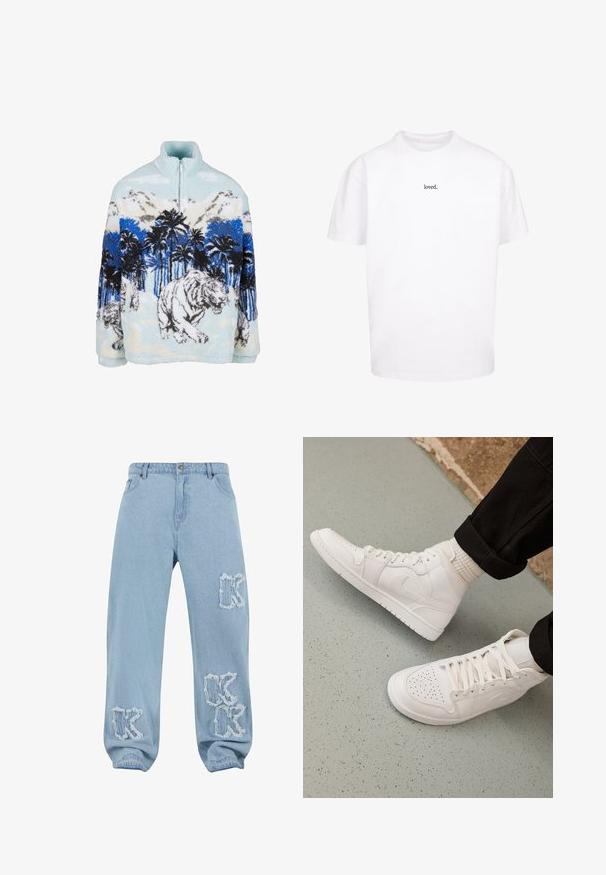 Fleece pullover med høj krave, der har et blåt og hvidt tigermotiv blandt palmer og bjerge. Blød, fyldig tekstur.; Hvid bomulds t-shirt med løs pasform og korte ærmer, med ordet "loved." trykt i sort tekst på brystet.; Lysblå slidte denim jeans med en løs pasform, der har ravede kanter og to fremtrædende "K"-lapper på forsiden.; Hvide høj-top sneakers lavet af glat læder med perforeret tå, snørelukning og subtil logo detaljer på siden. Tekstureret gummisål.